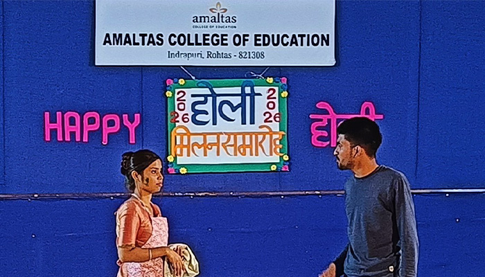 A scene from the student-led production of "होली की दावत"